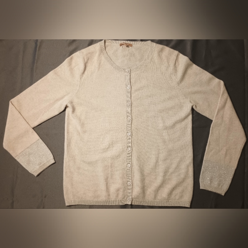 Kier + J Women's XL V-Neck Cream Off White Sparkle Shimmer 100 Cashmere Cardigan